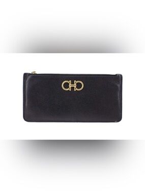 Salvatore Ferragamo Black Leather Zip Continental Wallet with Gold Gancini